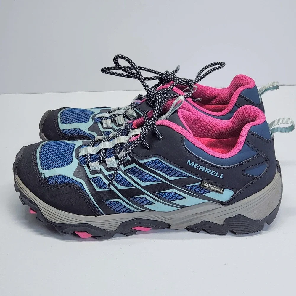 Merrell Moab FST Low Waterproof Hiking Shoes Girls Size 2.5 Blue Pink Sneakers